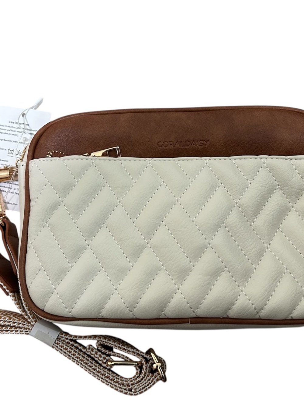 Cream and Brown Quilted Crossbody Bag